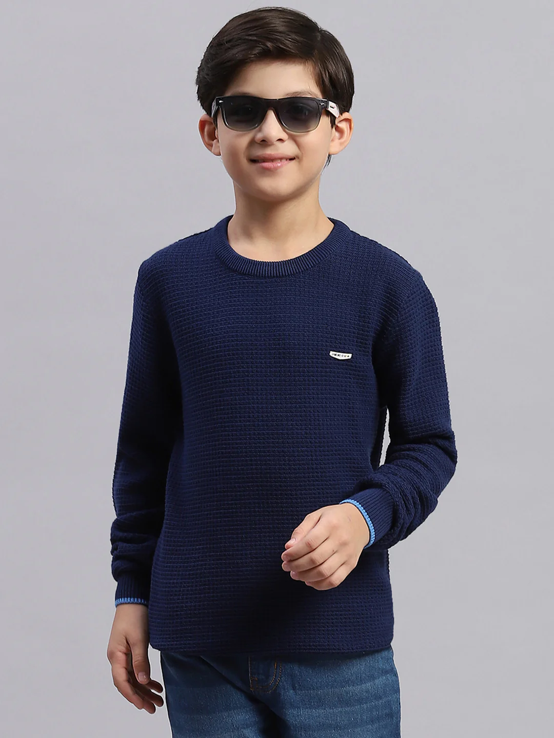 Boys Blue Solid Round Neck Full Sleeve Sweater - Image 2