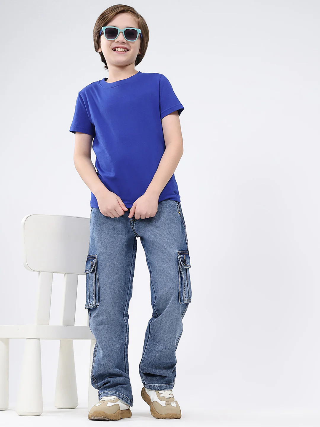 Boys Blue Solid Straight Fit Cargo - Image 2