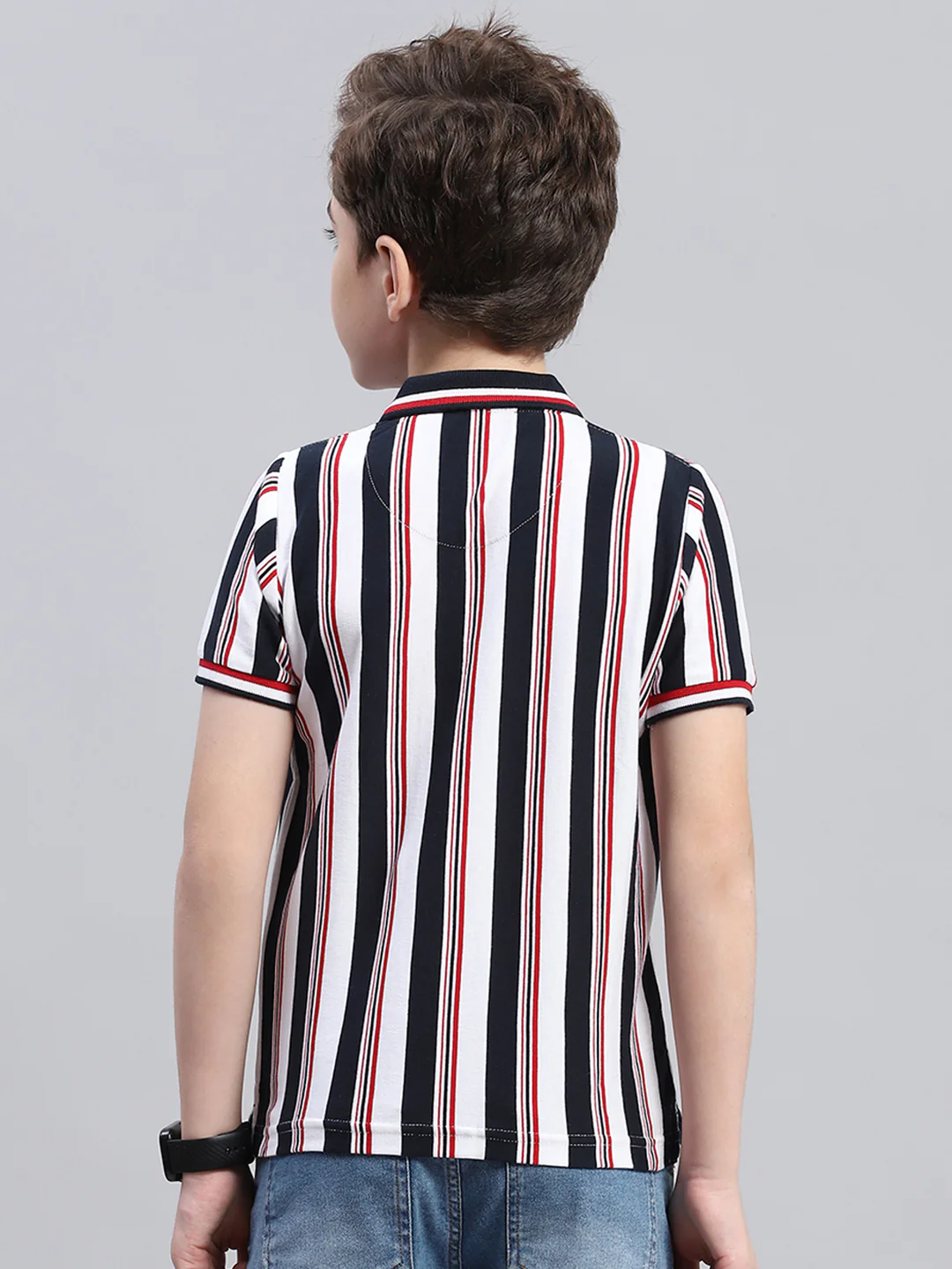 Boys Blue Stripe Collar Half Sleeve T-Shirt - Image 5