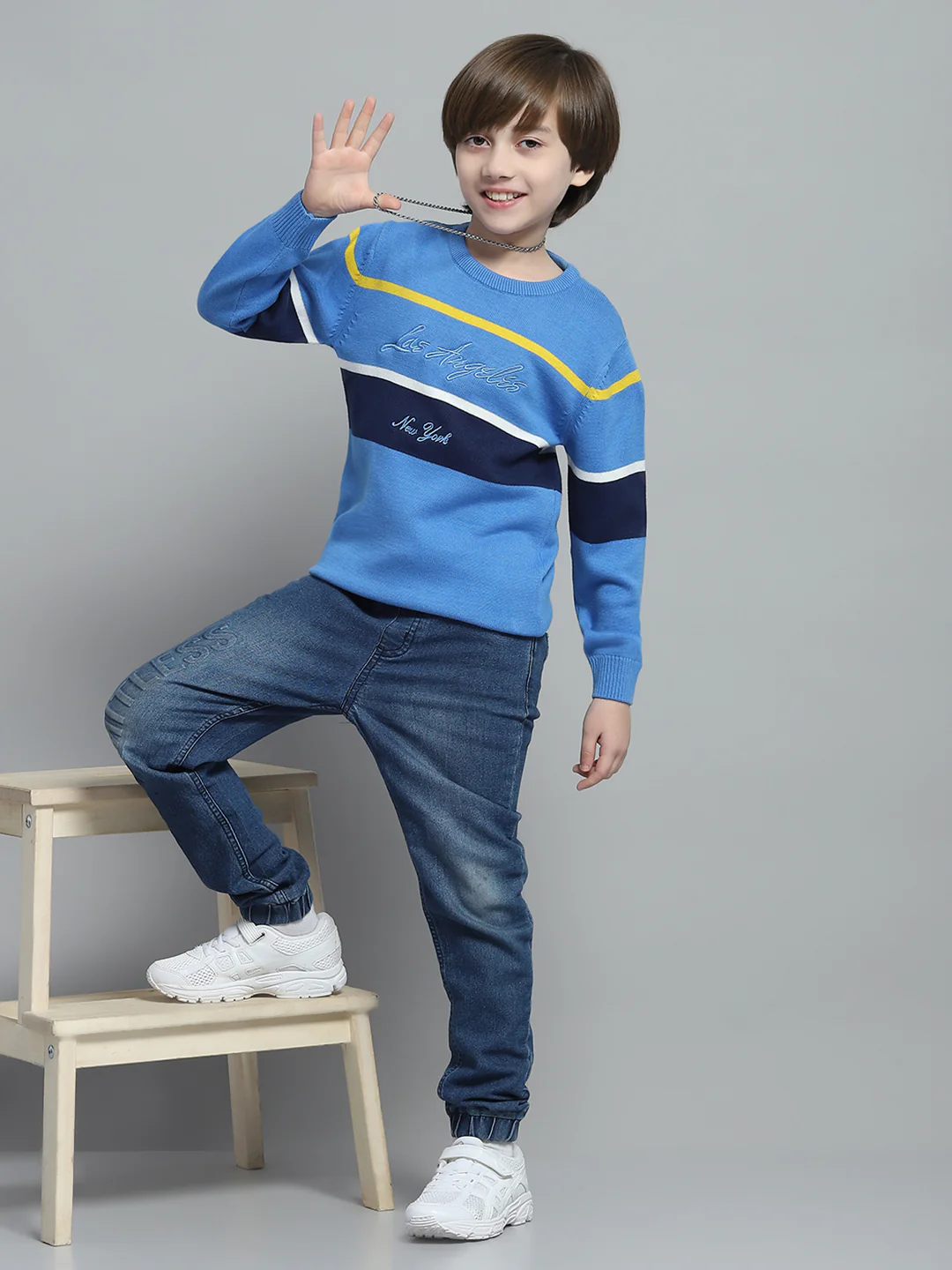 Boys Blue Stripe Round Neck Full Sleeve Pullover - Image 2