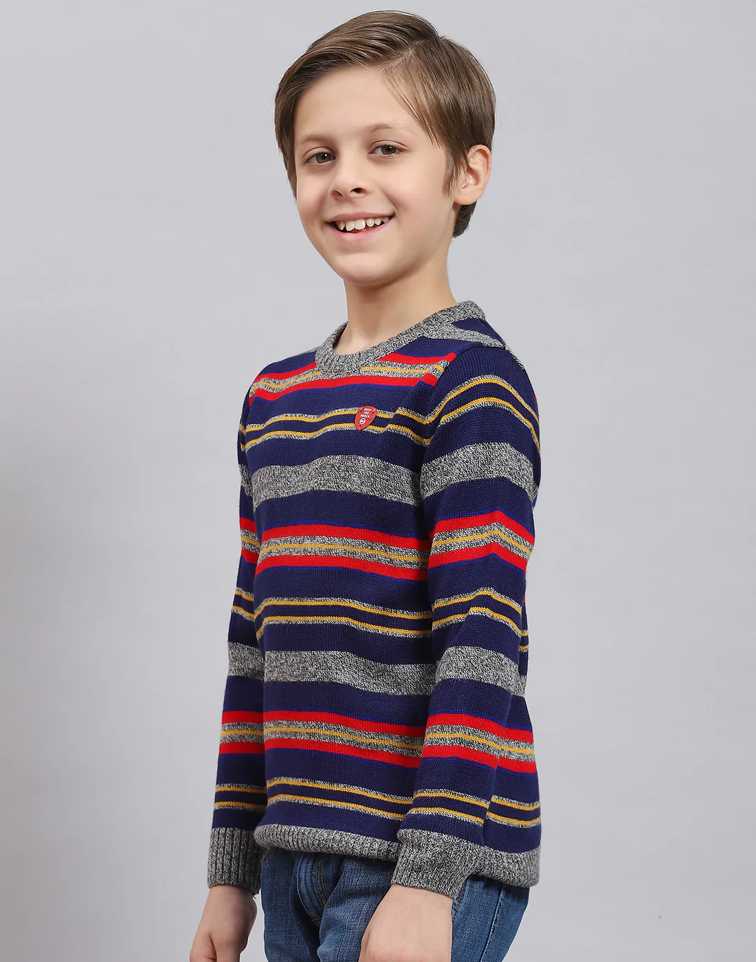 Boys Blue Stripe Round Neck Full Sleeve Sweater - Image 3