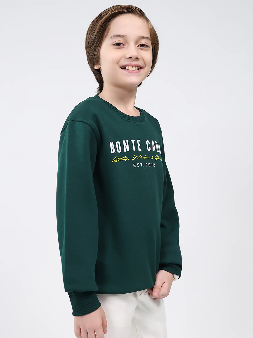 Boys Bottle Green Printed Round Neck Full Sleeve Sweatshirt - Image 4