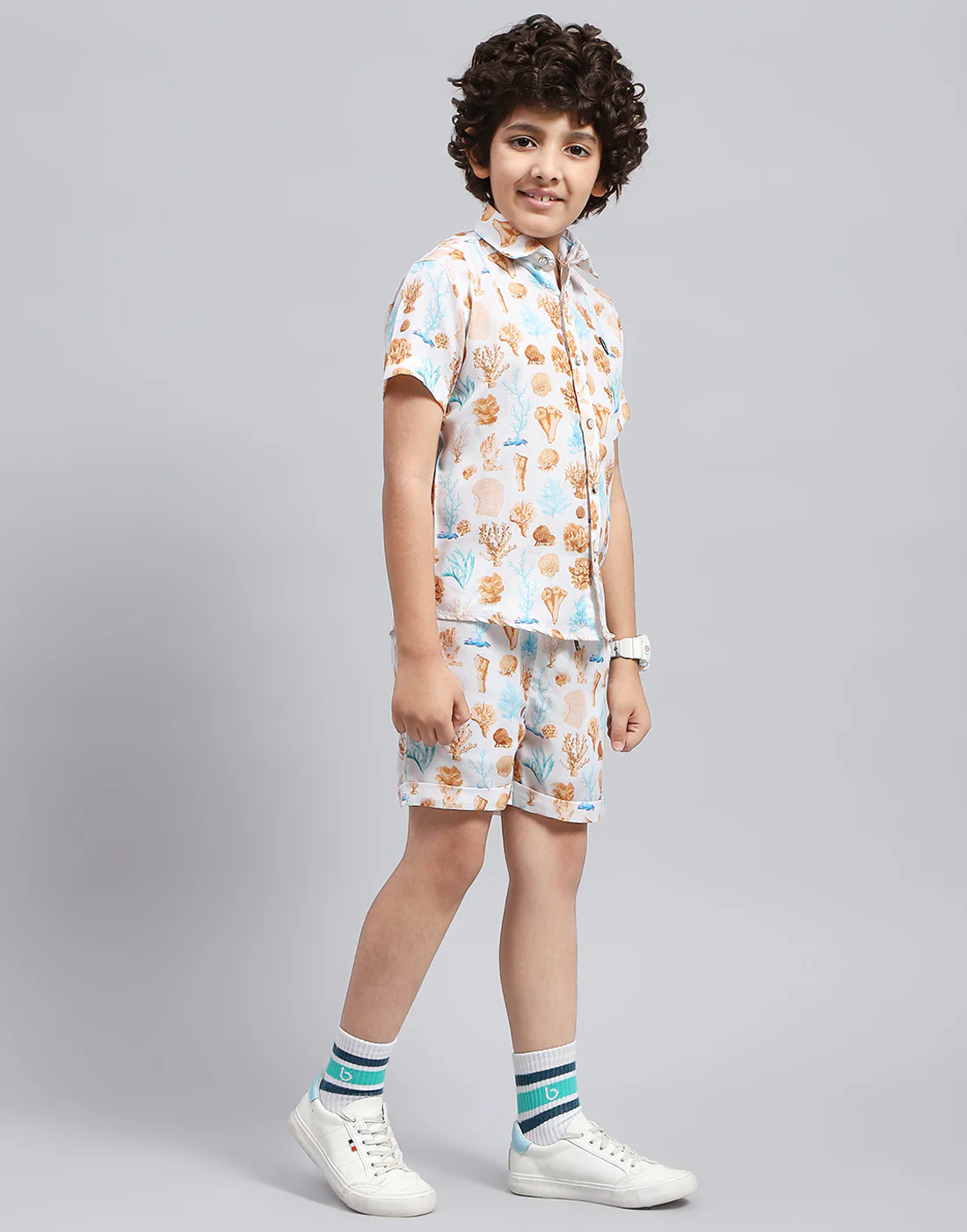Boys Brown Printed Collar Neck Half Sleeve Bermuda Set - Image 4