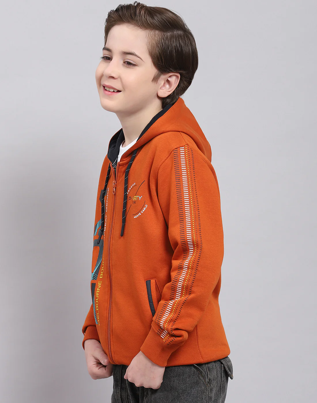 Boys Brown Printed Hooded Full Sleeve Sweatshirt - Image 3