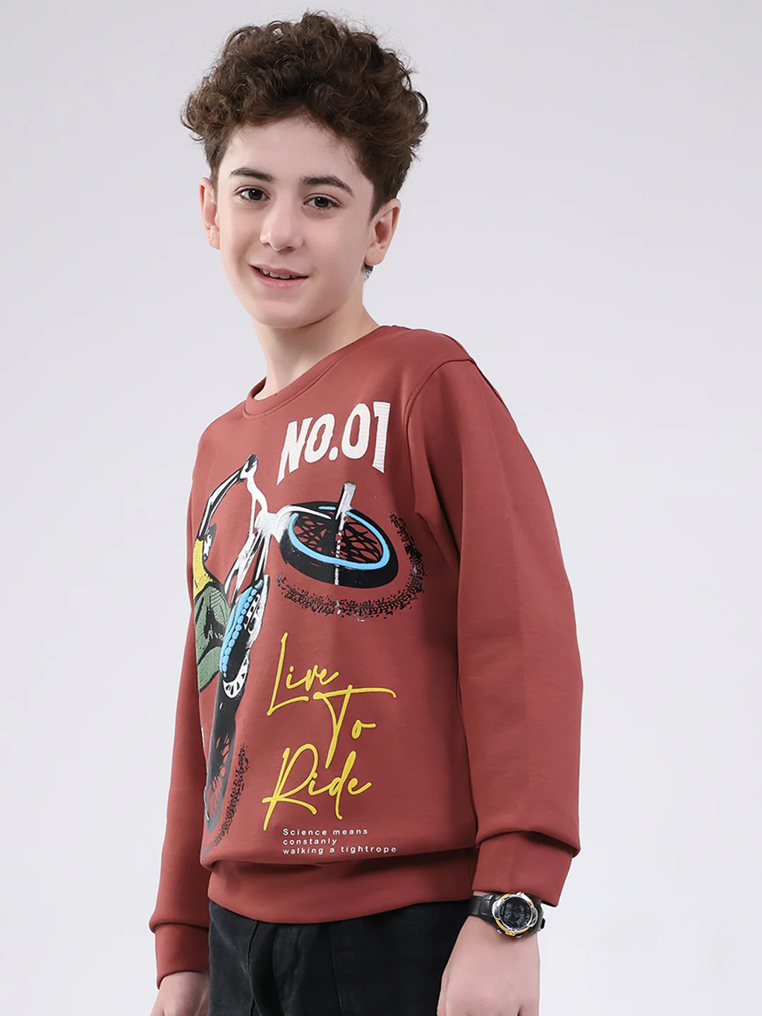 Boys Brown Printed Round Neck Full Sleeve Sweatshirt - Image 3