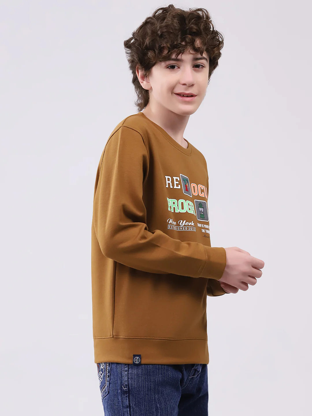 Boys Brown Printed Round Neck Full Sleeve Sweatshirt - Image 4