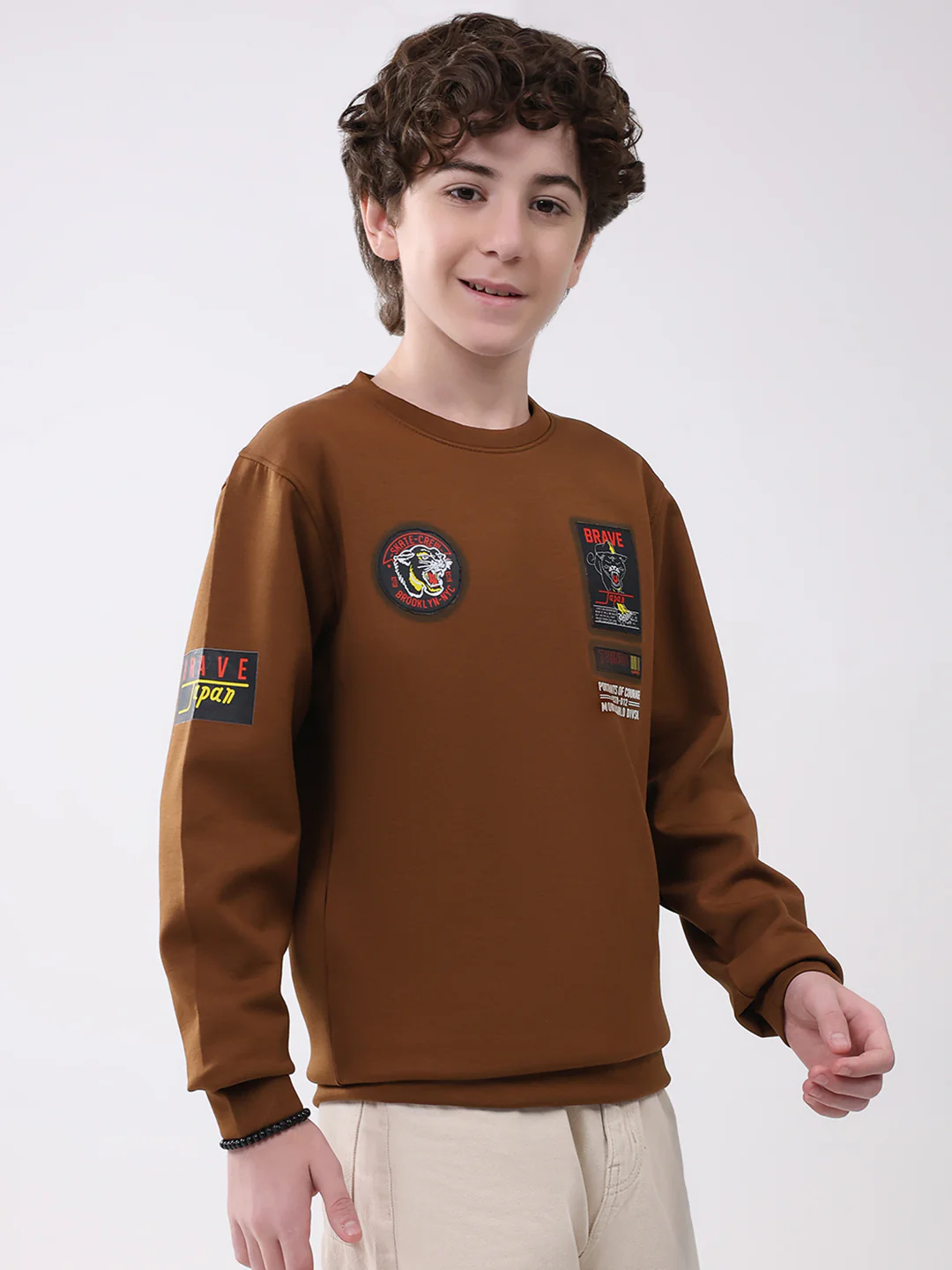 Boys Brown Printed Round Neck Full Sleeve Sweatshirt - Image 4