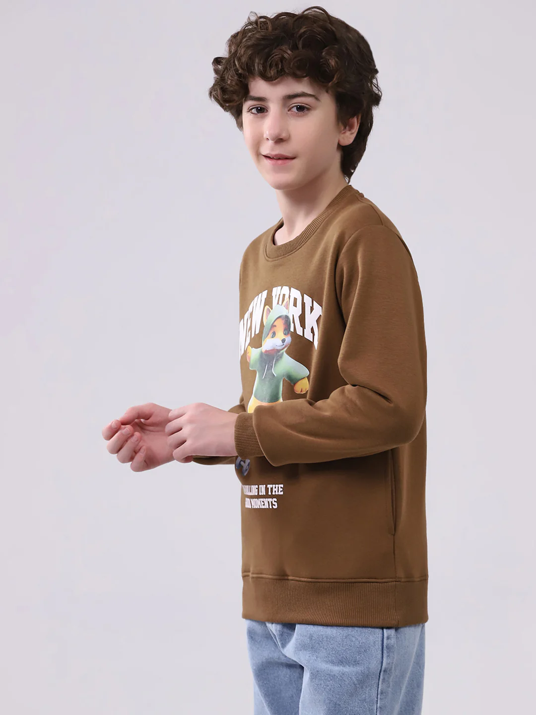 Boys Brown Printed Round Neck Full Sleeve Sweatshirt - Image 3
