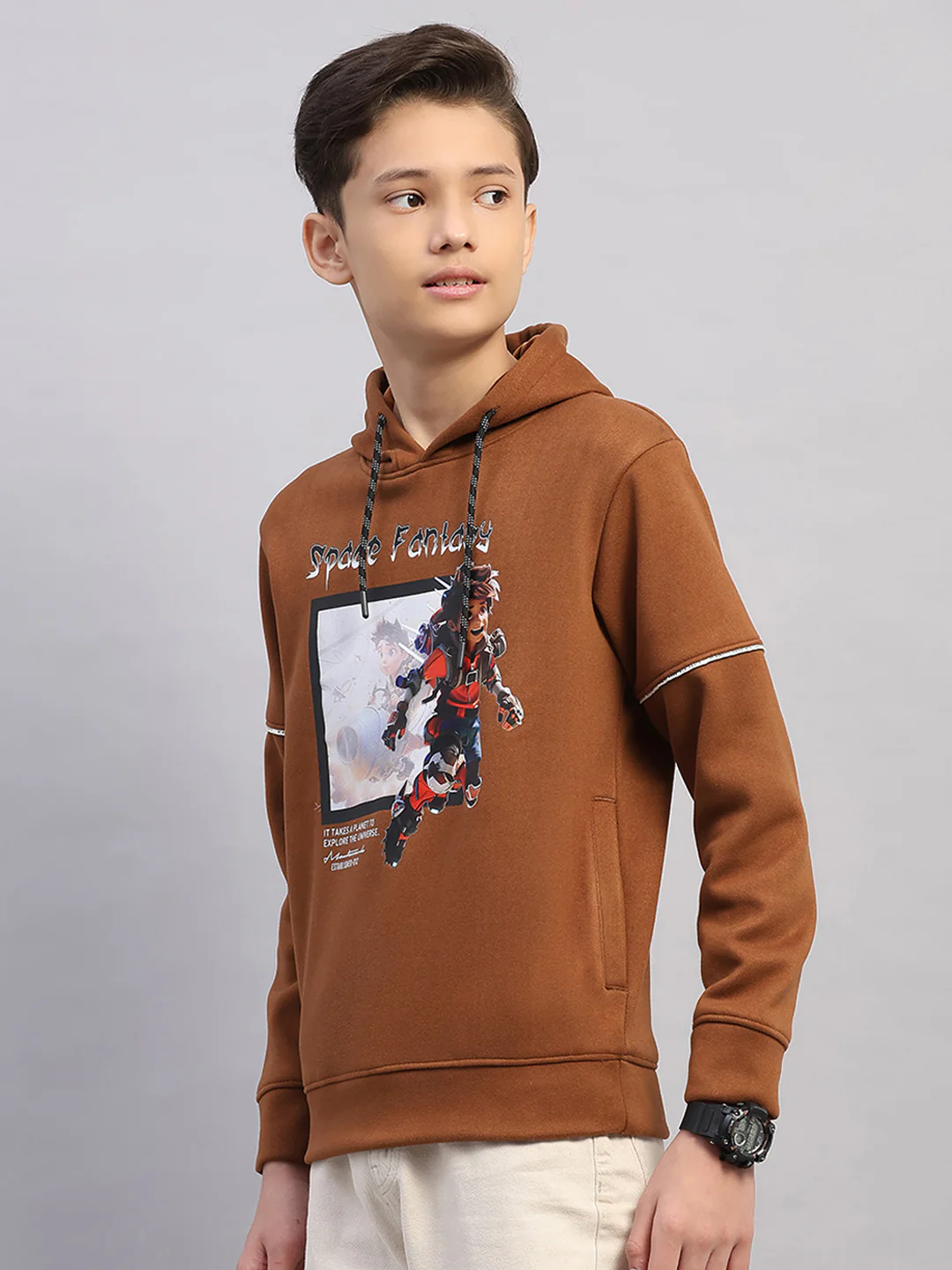 Boys Brown Printed Round Neck Full Sleeve Sweatshirt - Image 3