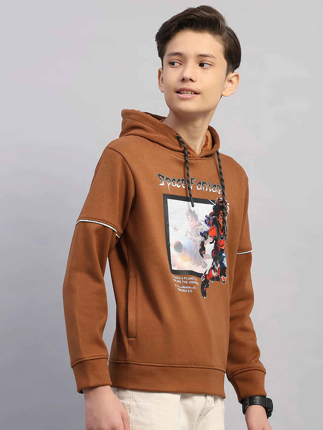 Boys Brown Printed Round Neck Full Sleeve Sweatshirt - Image 4