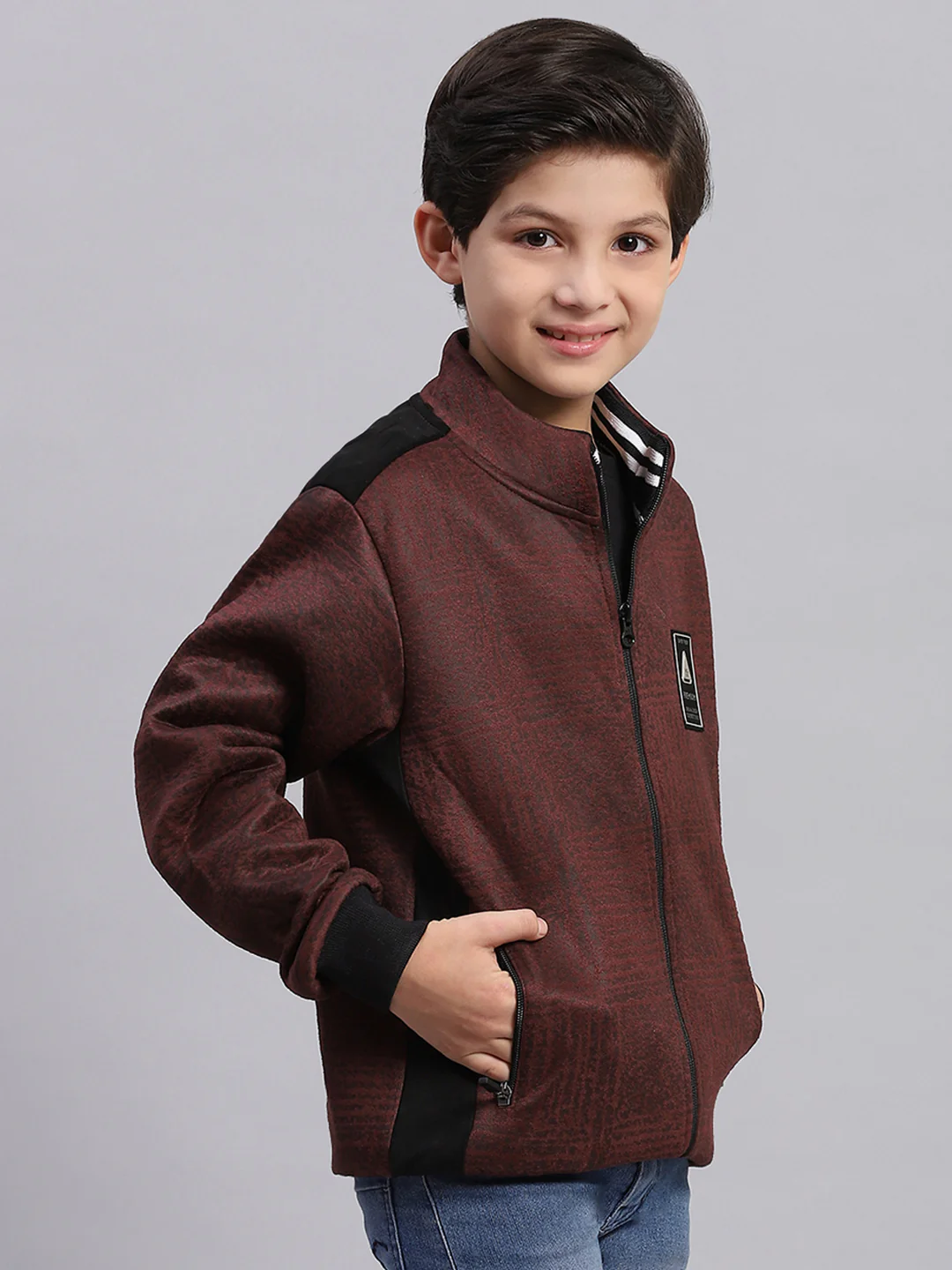 Boys Brown Printed Stand Collar Full Sleeve Sweatshirt - Image 6