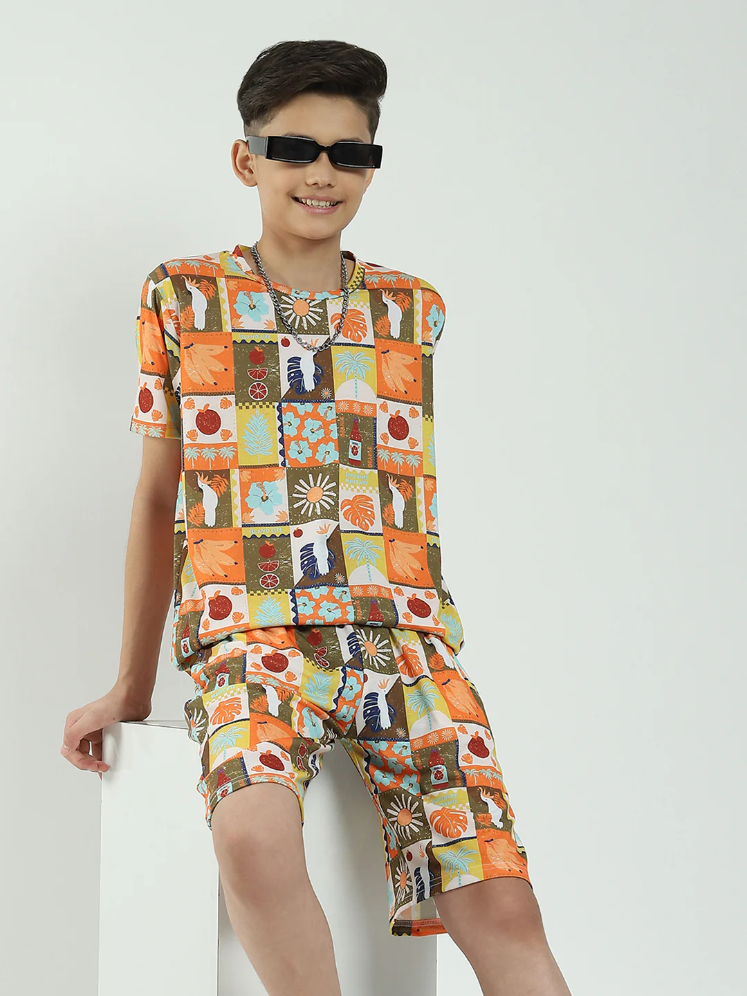 Boys Brown Printed Round Neck Half Sleeve Bermuda Set - Image 6