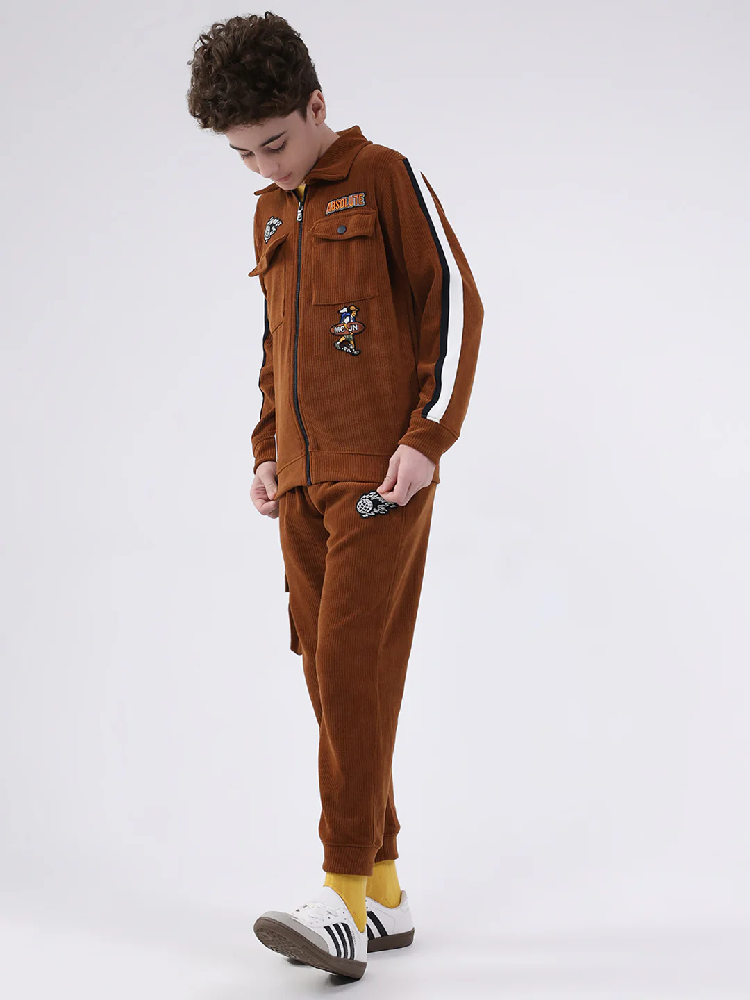 Boys Brown Self Design Collar Full Sleeve Cords Set - Image 3