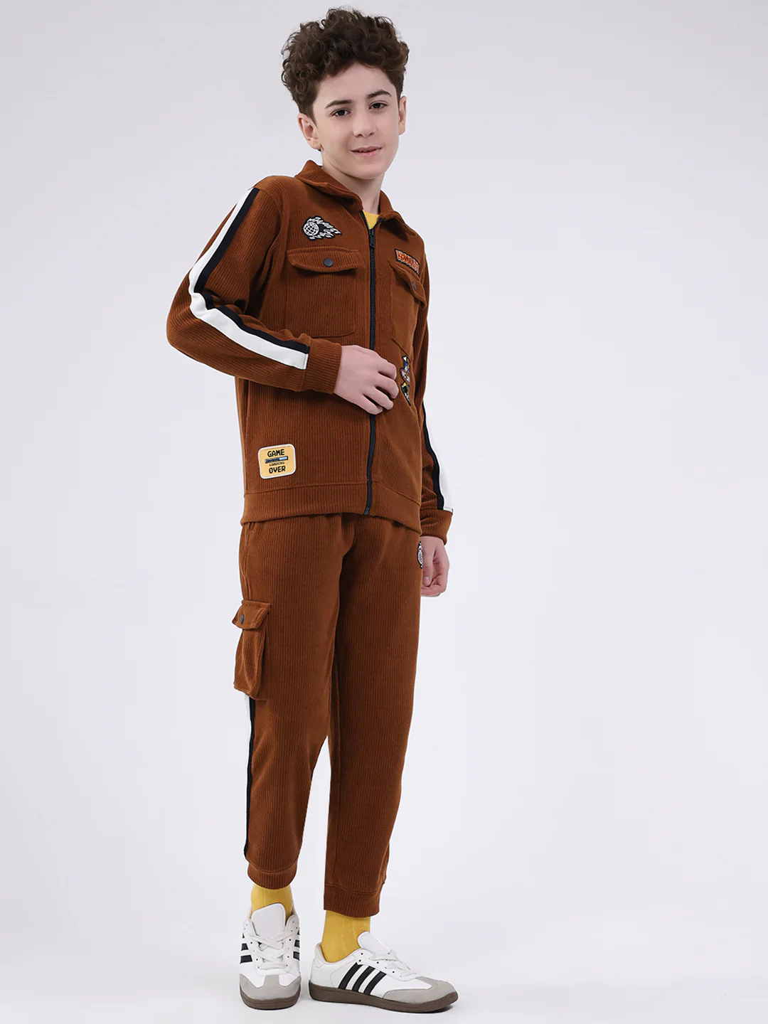Boys Brown Self Design Collar Full Sleeve Cords Set - Image 4
