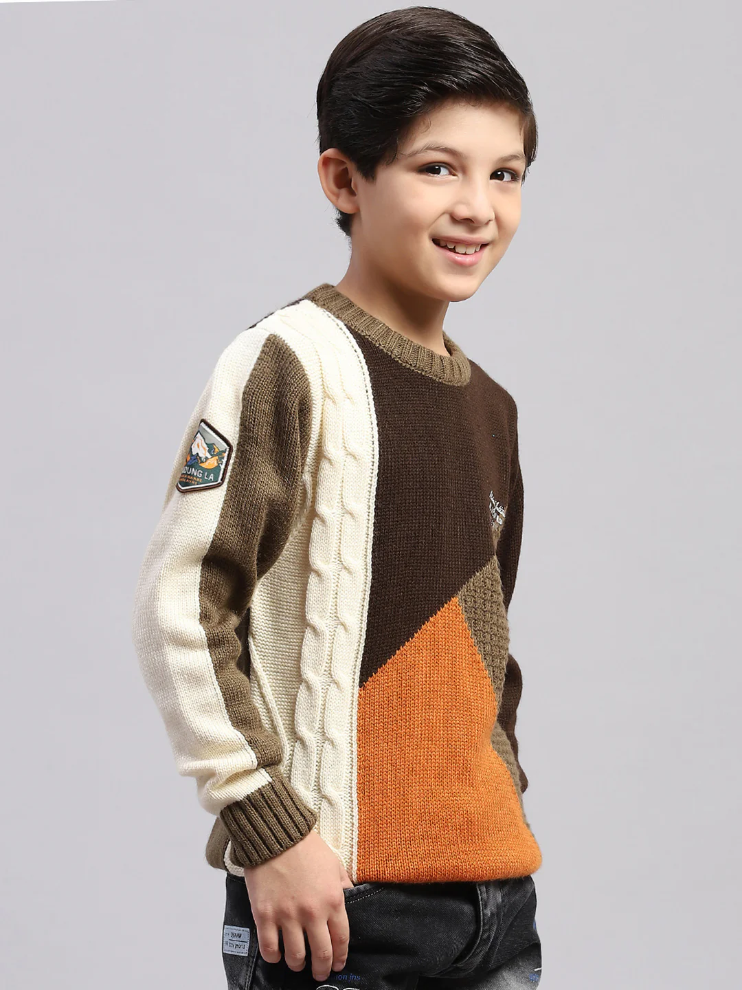 Boys Brown Self Design Round Neck Full Sleeve Sweater - Image 6