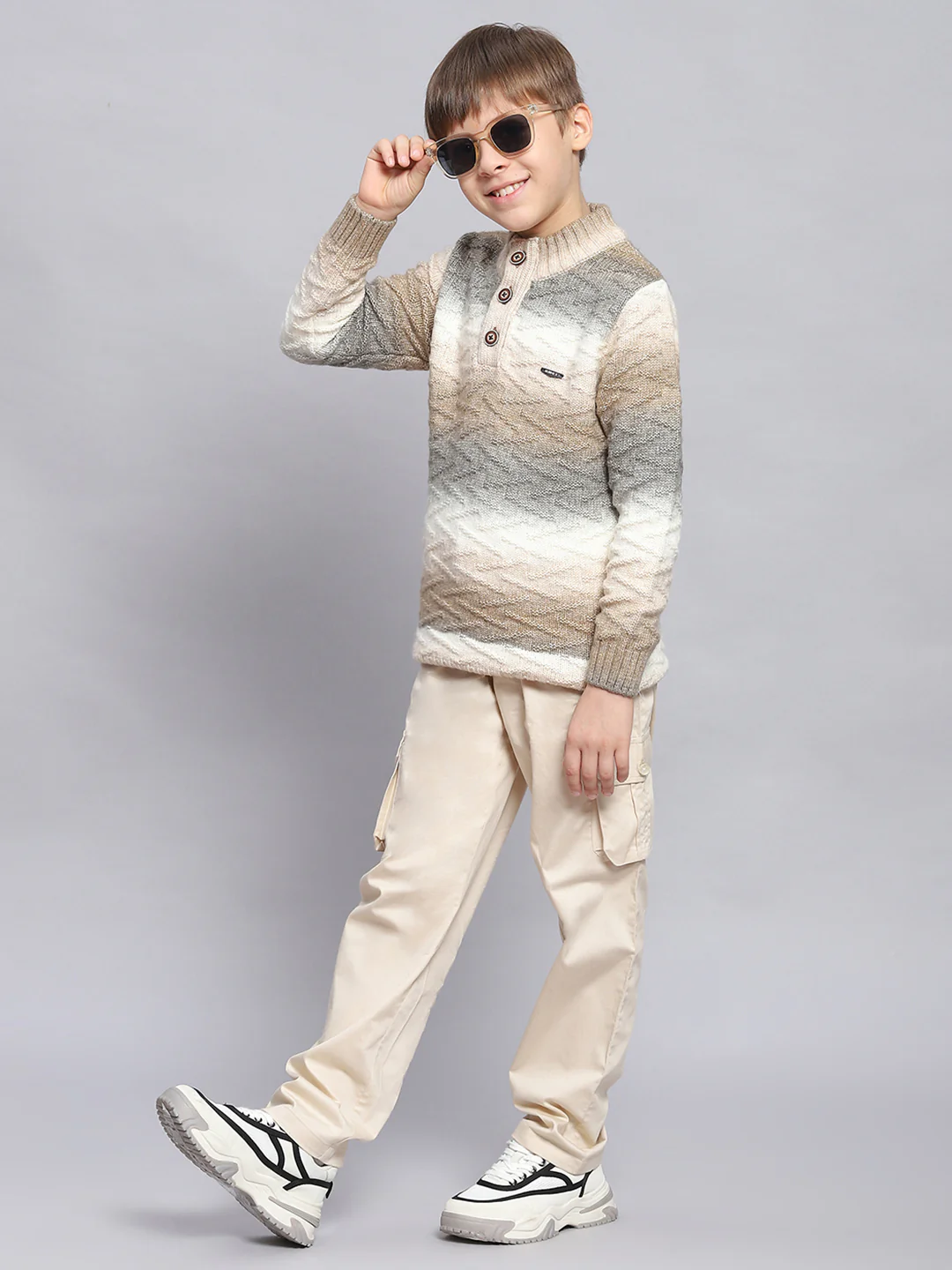 Boys Brown Self Design Round Neck Full Sleeve Sweater - Image 2