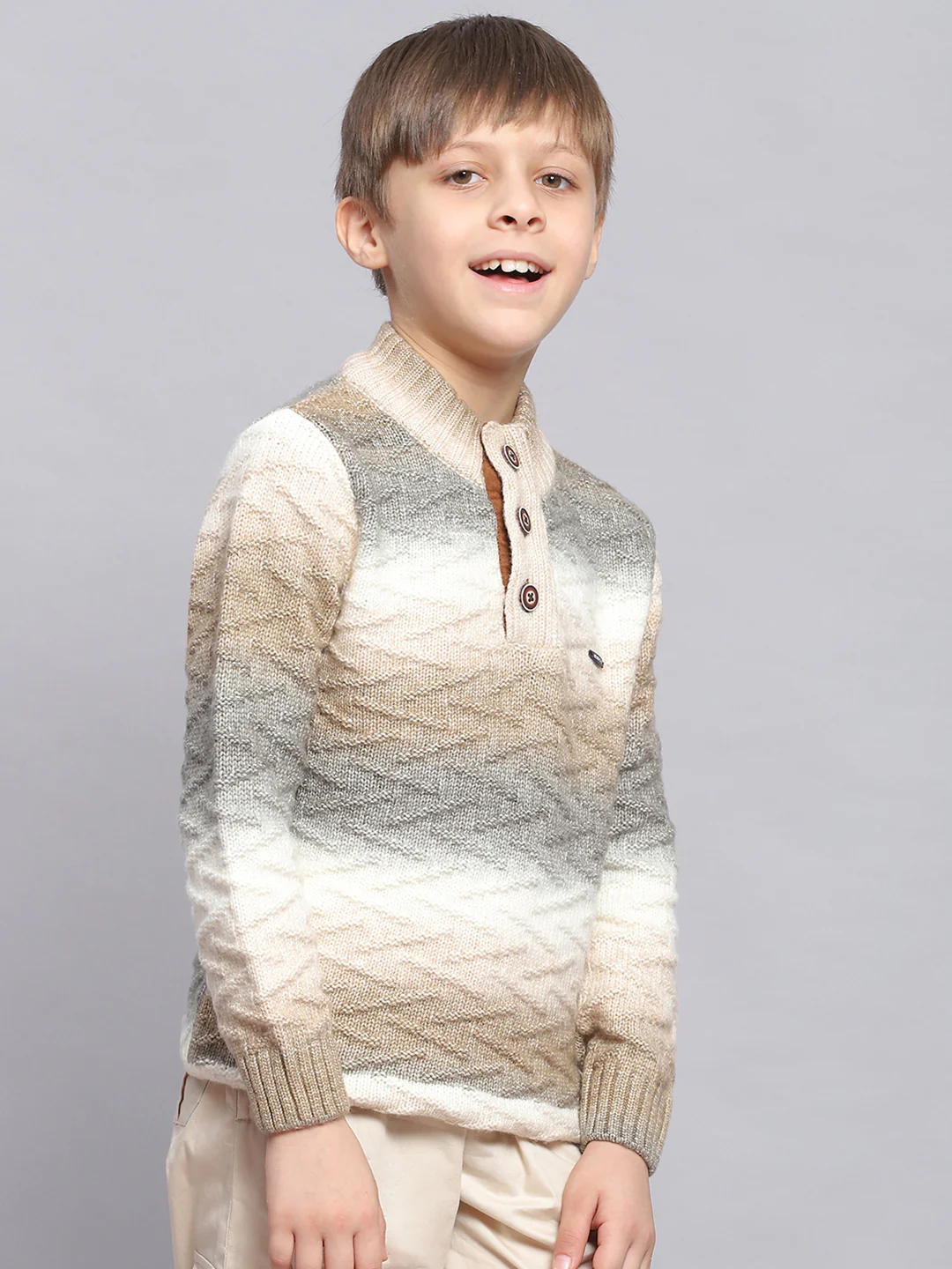 Boys Brown Self Design Round Neck Full Sleeve Sweater - Image 4