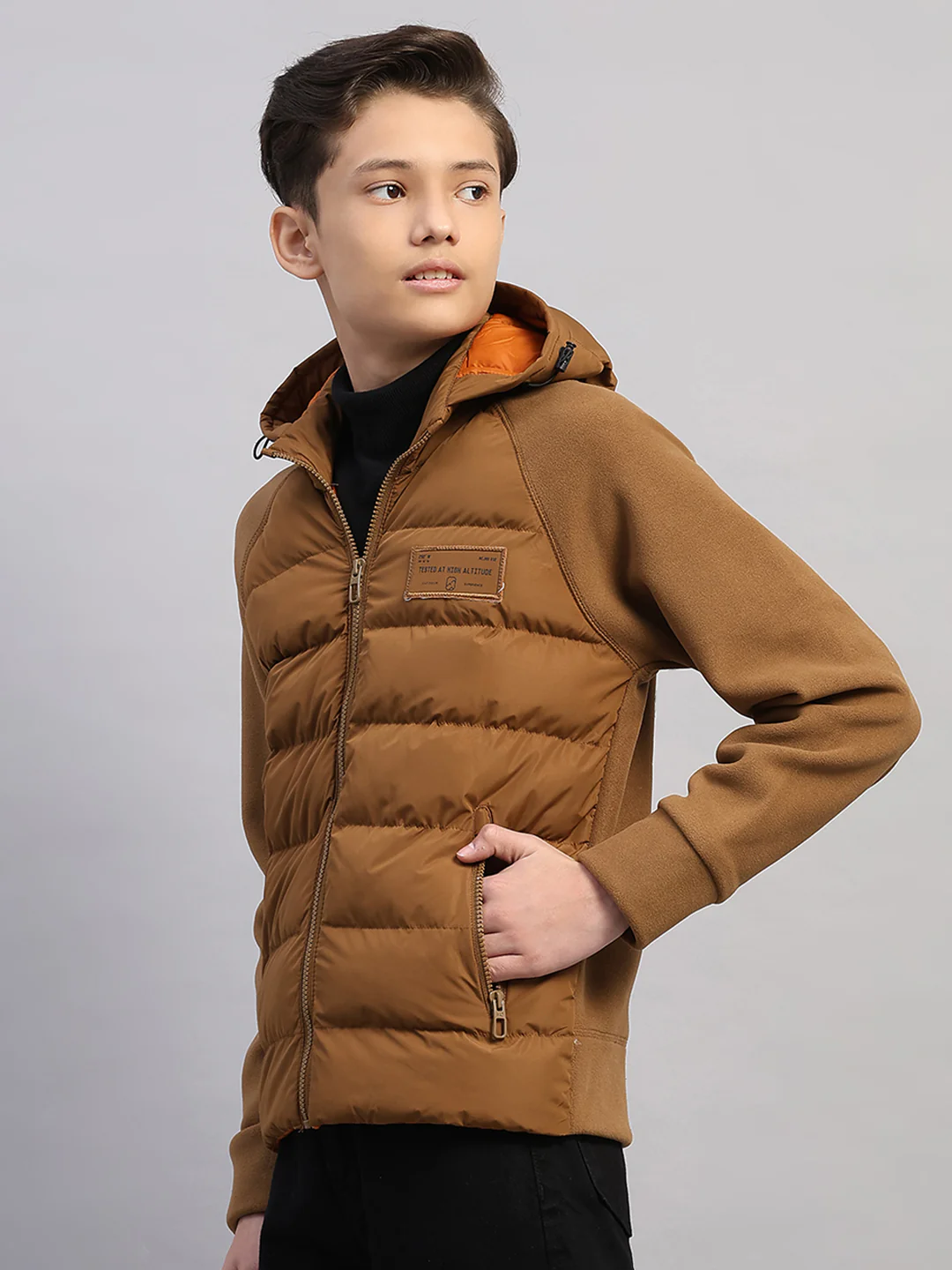 Boys Brown Solid Hooded Full Sleeve Jacket - Image 3