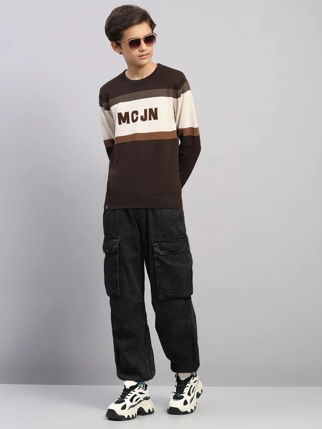 Boys Brown Stripe Round Neck Full Sleeve Pullover - Image 2