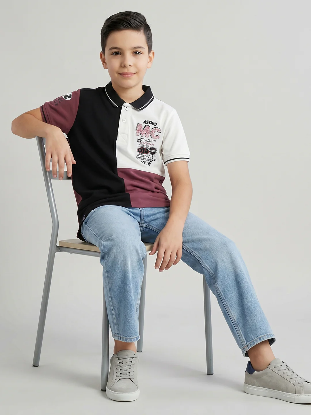 Boys Burgundy Printed Collar Half Sleeve T-Shirt - Image 4