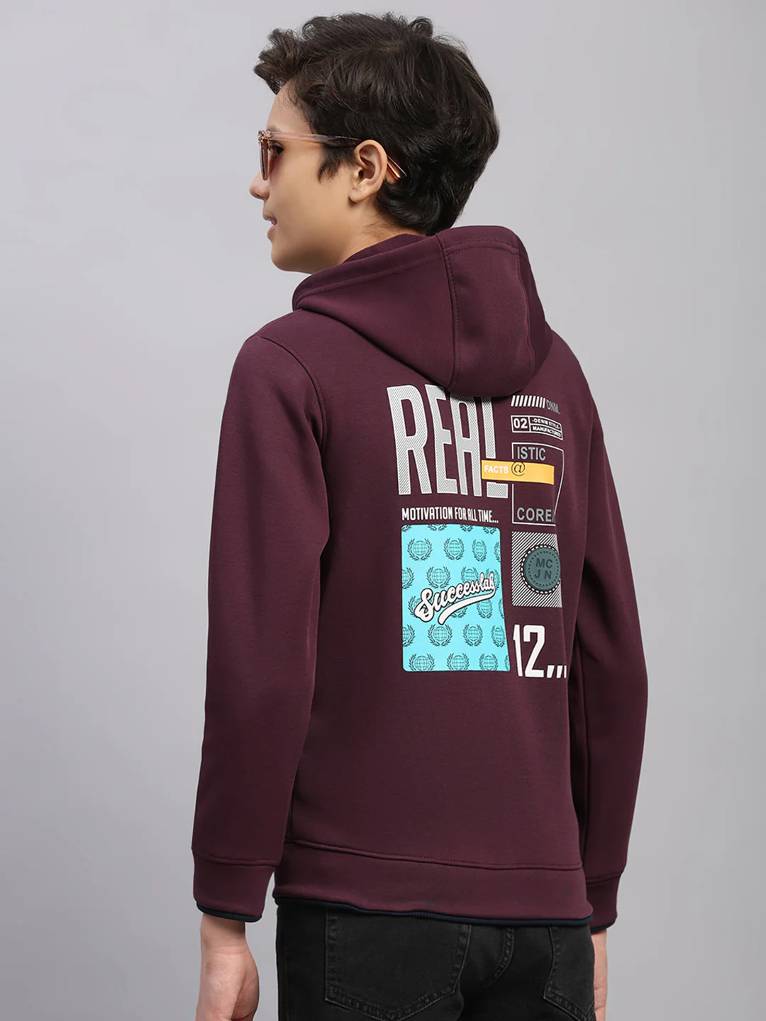 Boys Burgundy Printed Hooded Full Sleeve Sweatshirt - Image 5