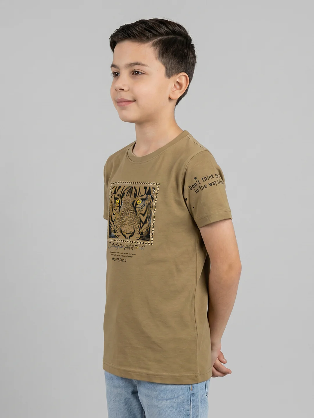 Boys Camel Brown Printed Round Neck Half Sleeve T-Shirt - Image 3
