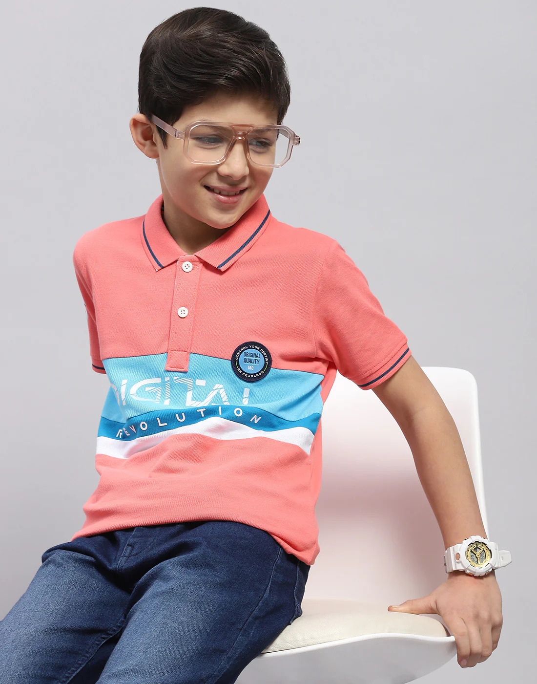 Boys Coral Printed Polo Collar Half Sleeve T-Shirt - Image 6