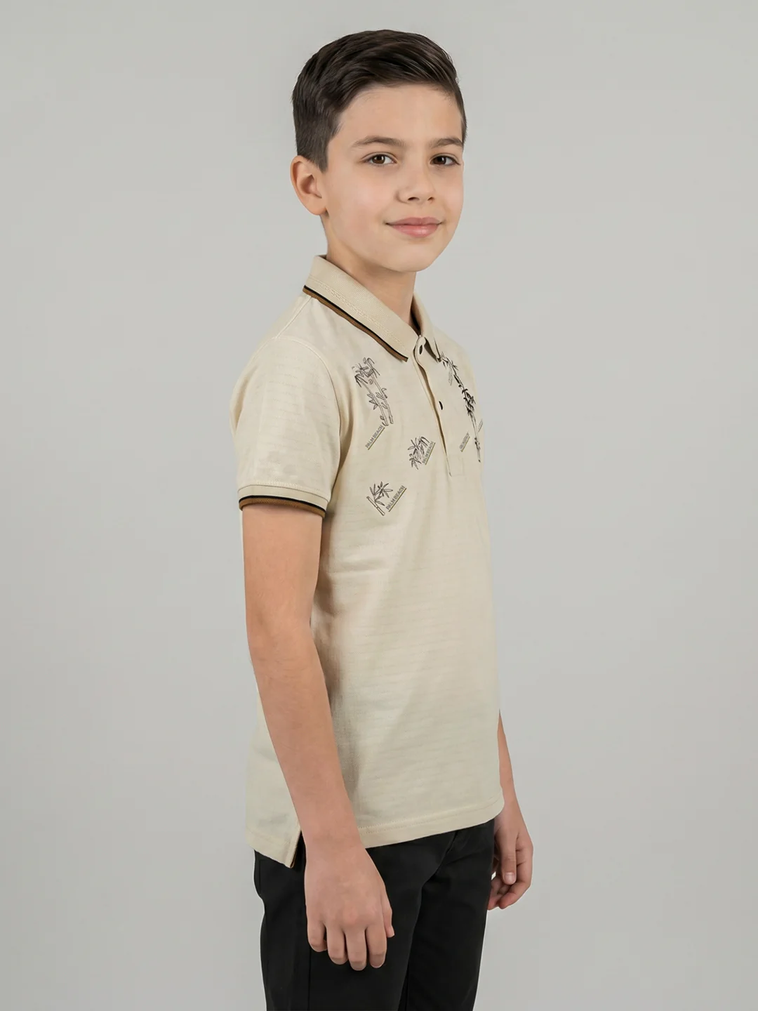 Boys Cream Printed Collar Half Sleeve T-Shirt - Image 2