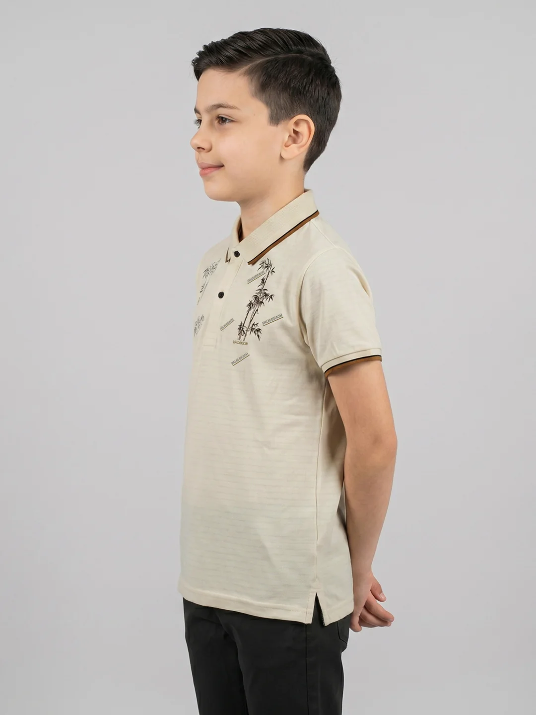 Boys Cream Printed Collar Half Sleeve T-Shirt - Image 3