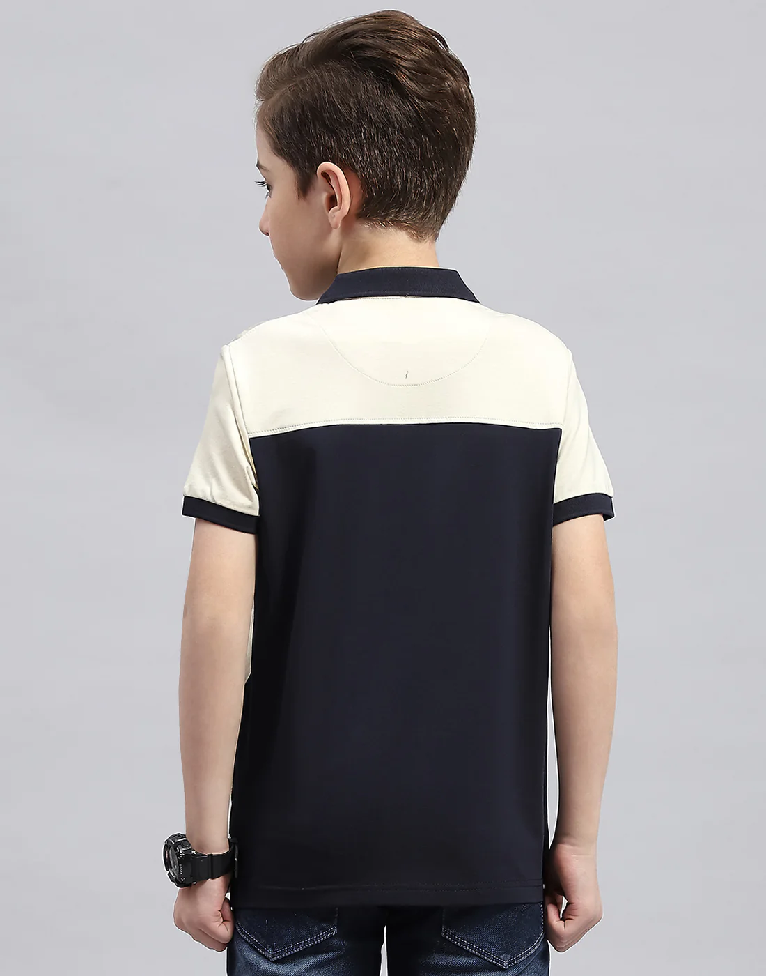 Boys Cream Printed Polo Collar Half Sleeve T-Shirt - Image 5