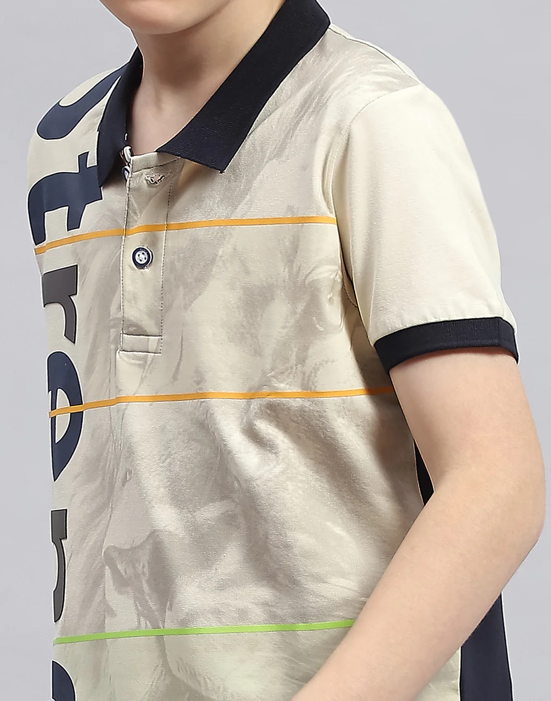 Boys Cream Printed Polo Collar Half Sleeve T-Shirt - Image 6
