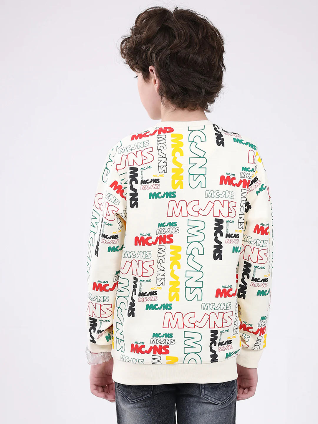Boys Cream Printed Round Neck Full Sleeve Sweatshirt - Image 5