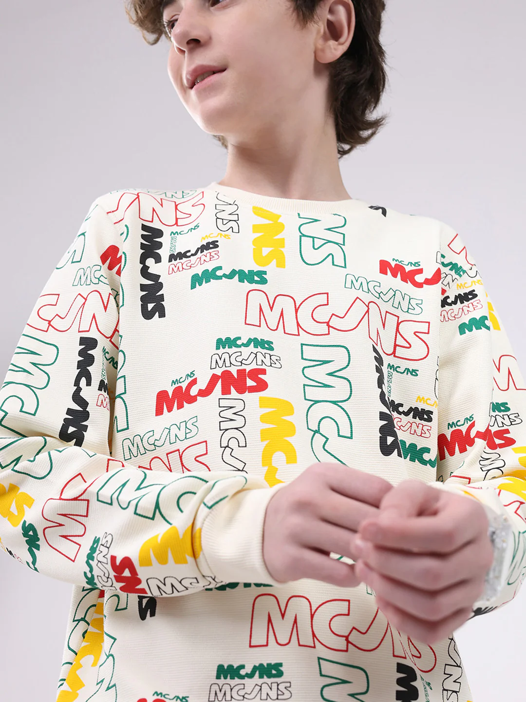 Boys Cream Printed Round Neck Full Sleeve Sweatshirt - Image 7