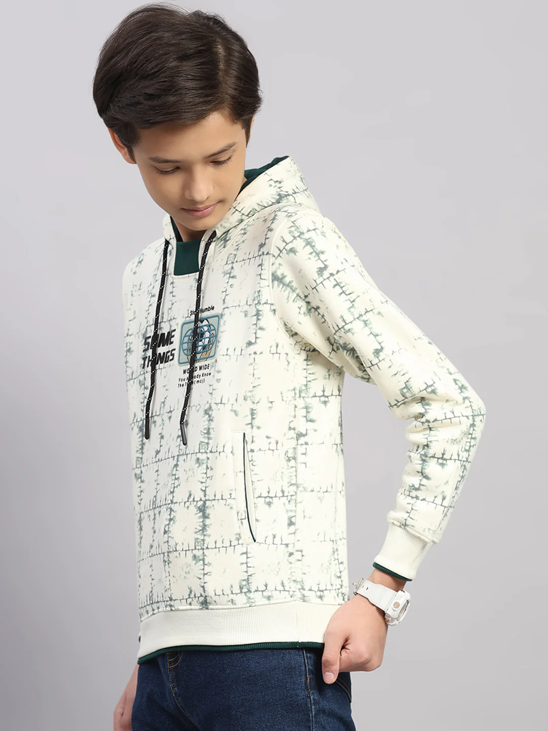 Boys Cream Printed Round Neck Full Sleeve Sweatshirt - Image 3