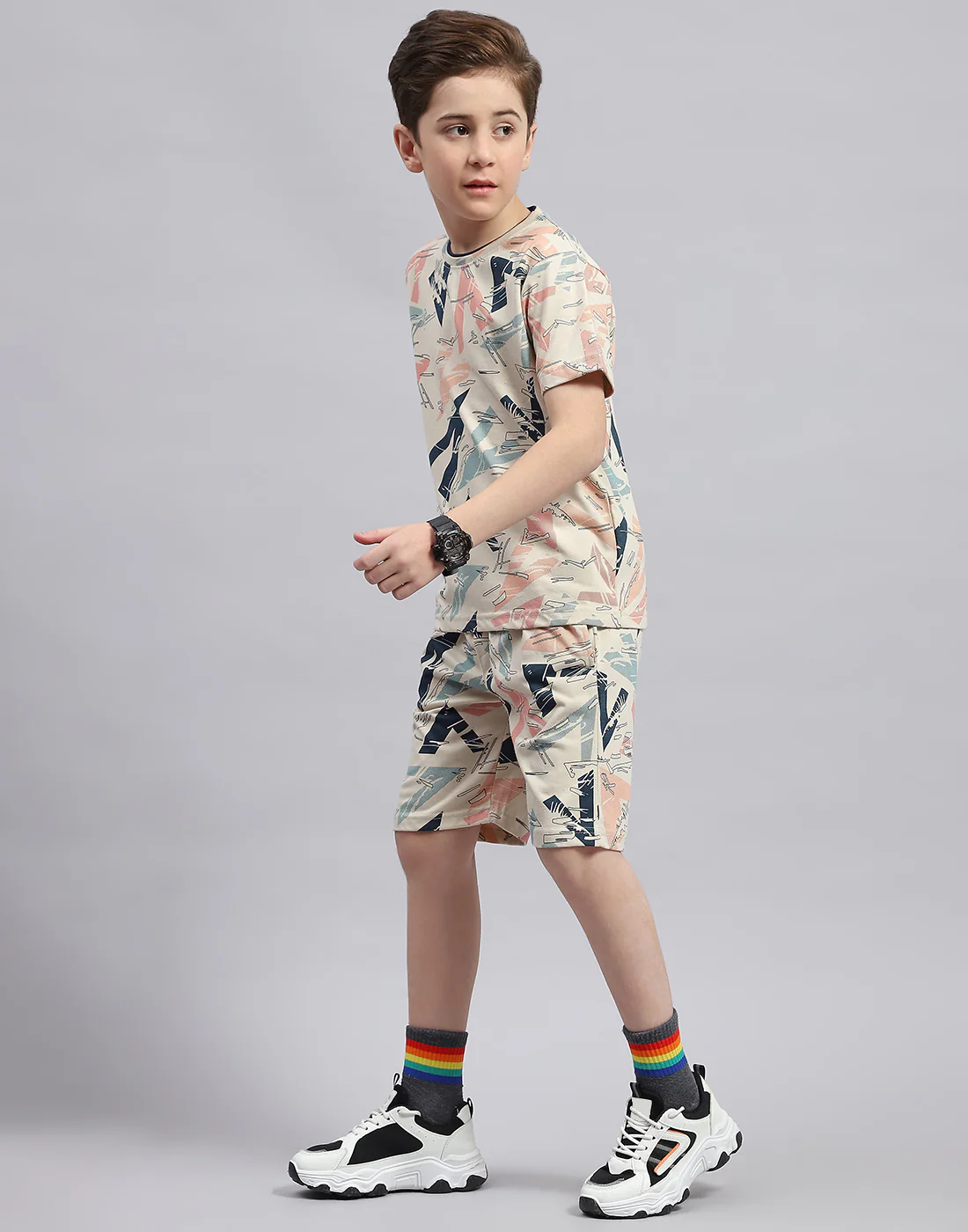 Boys Cream Printed Round Neck Half Sleeve Bermuda Set - Image 3