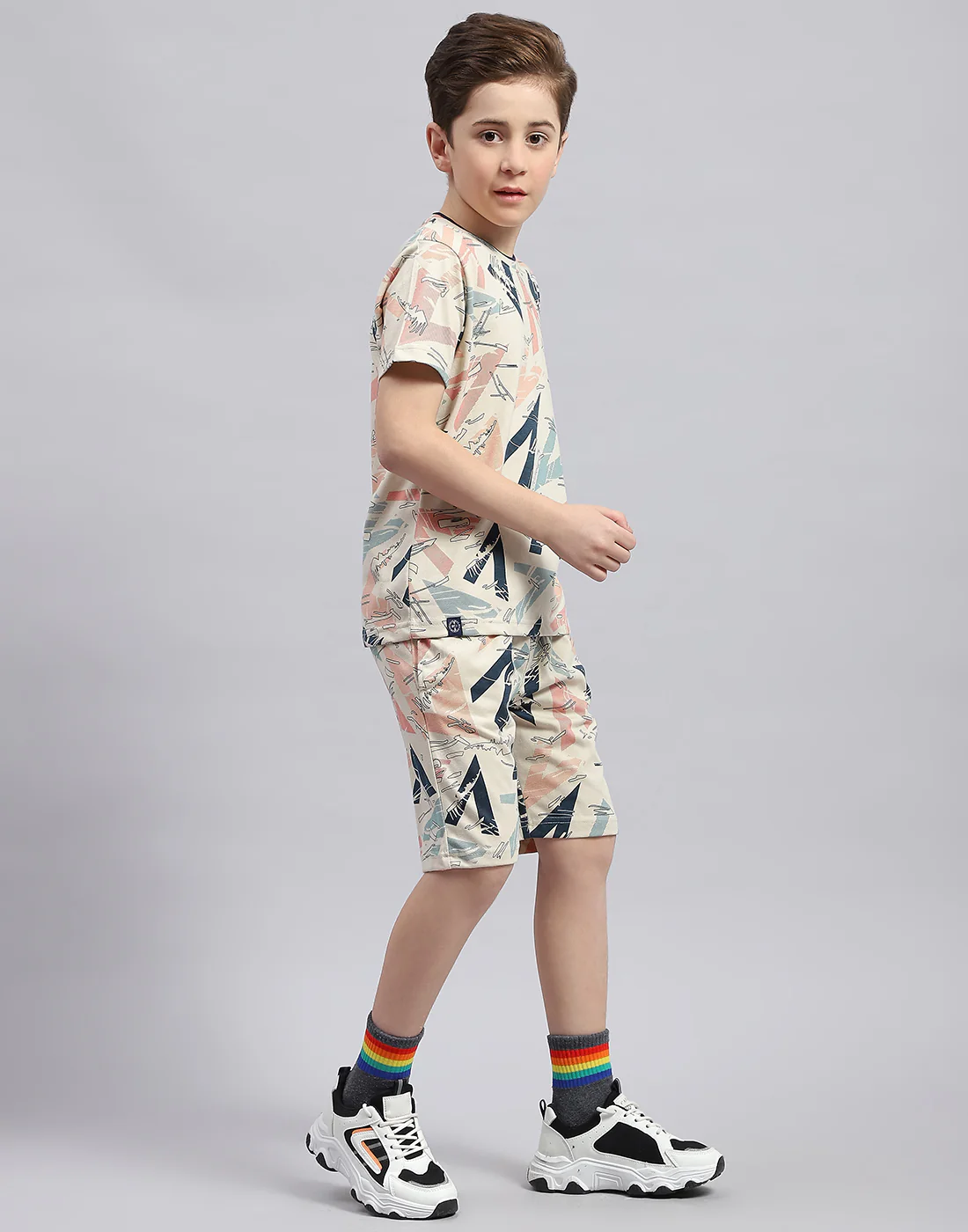Boys Cream Printed Round Neck Half Sleeve Bermuda Set - Image 4