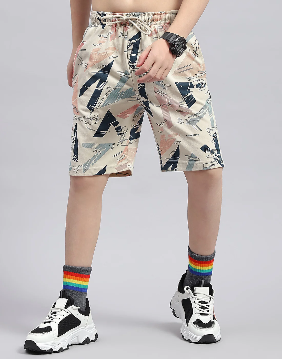 Boys Cream Printed Round Neck Half Sleeve Bermuda Set - Image 7
