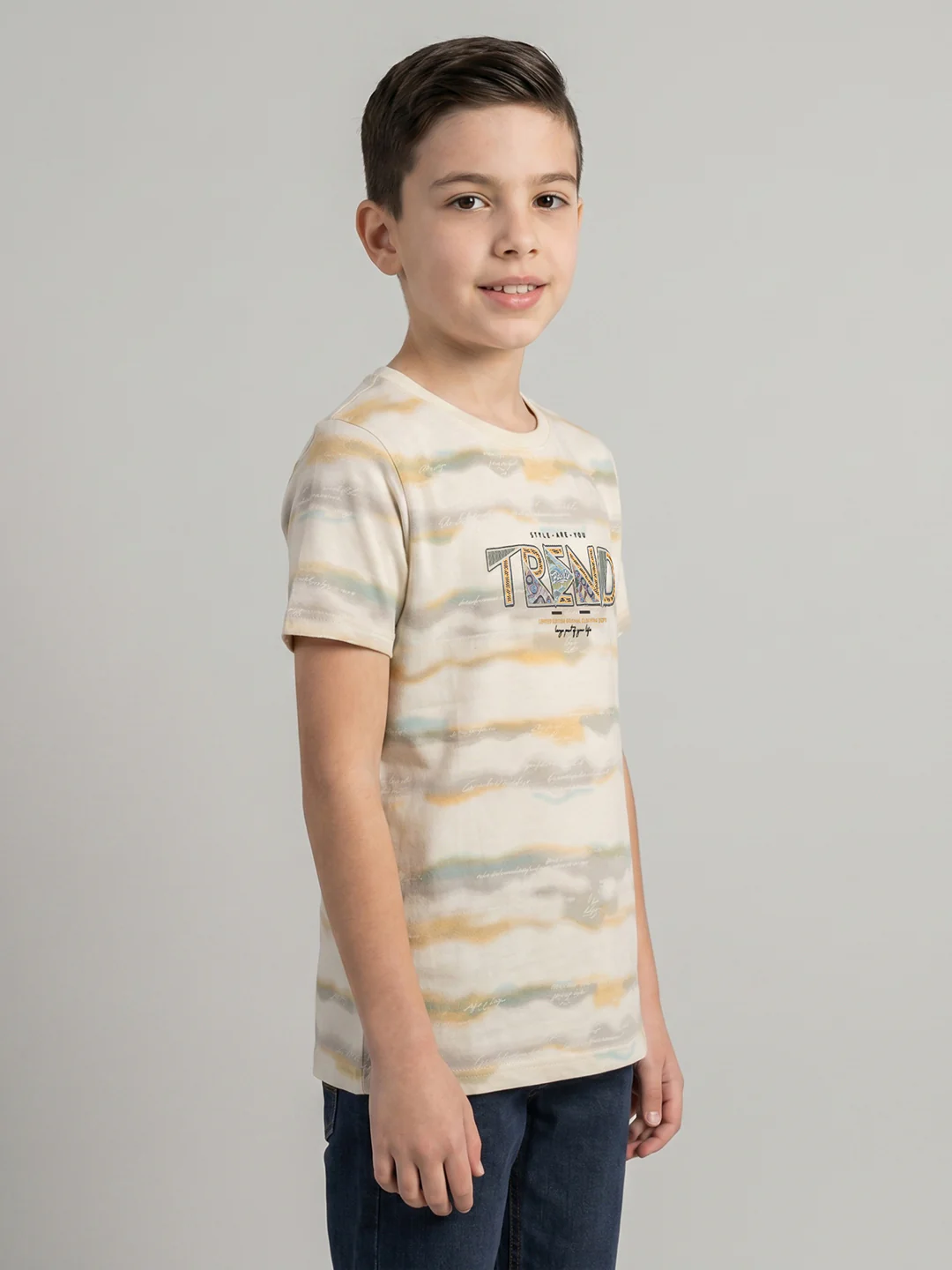 Boys Cream Printed Round Neck Half Sleeve T-Shirt - Image 2