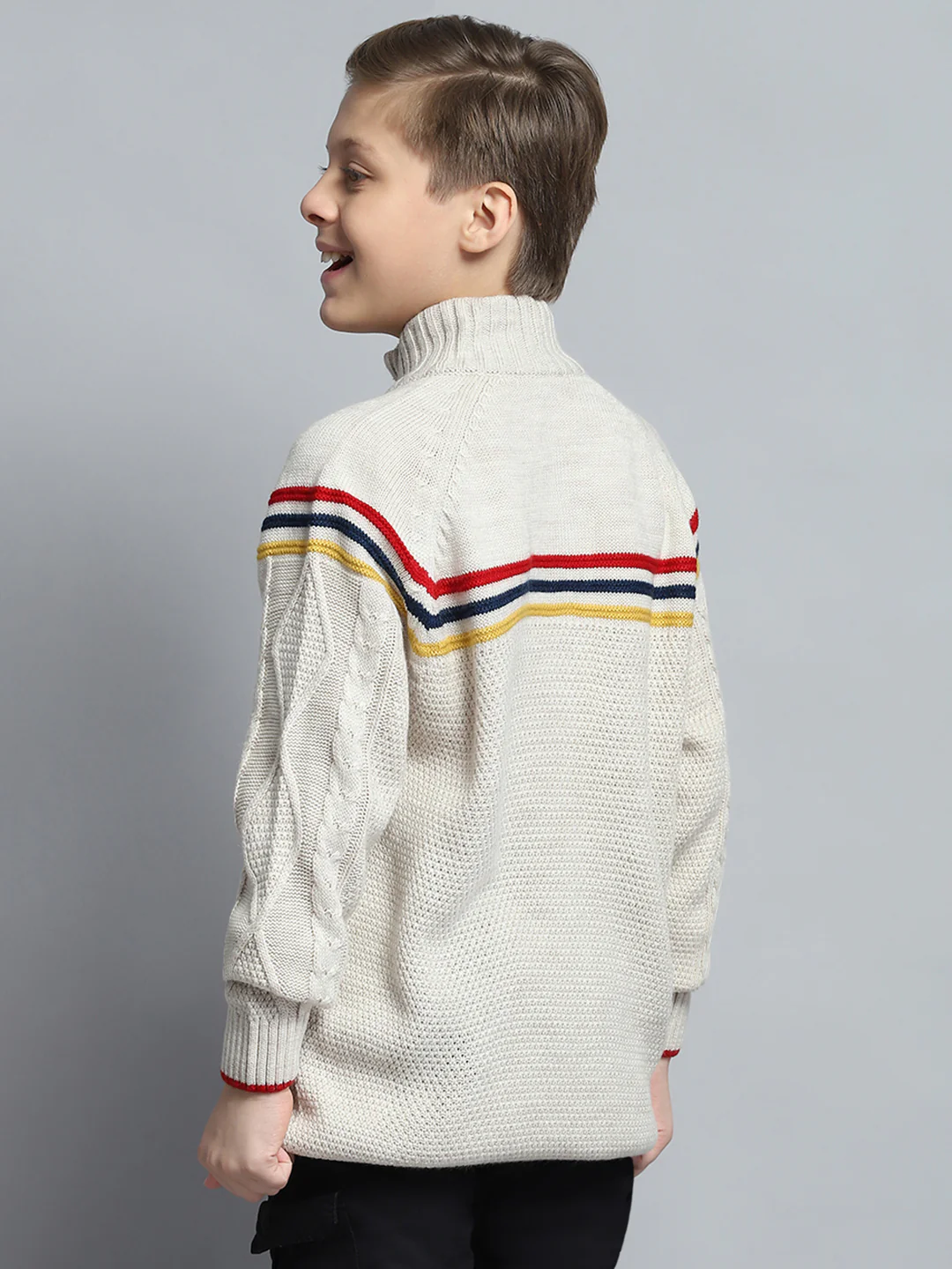 Boys Cream Self Design Mock Neck Full Sleeve Pullover - Image 5