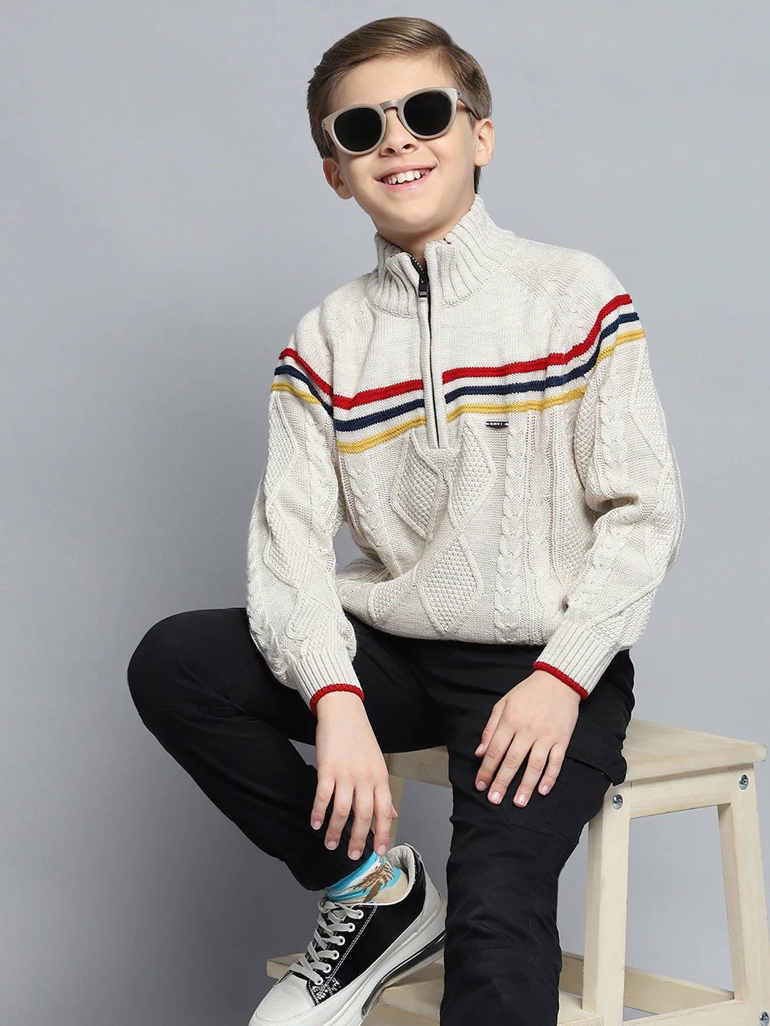 Boys Cream Self Design Mock Neck Full Sleeve Pullover - Image 6