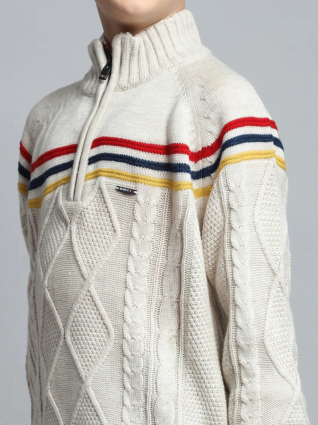 Boys Cream Self Design Mock Neck Full Sleeve Pullover - Image 7