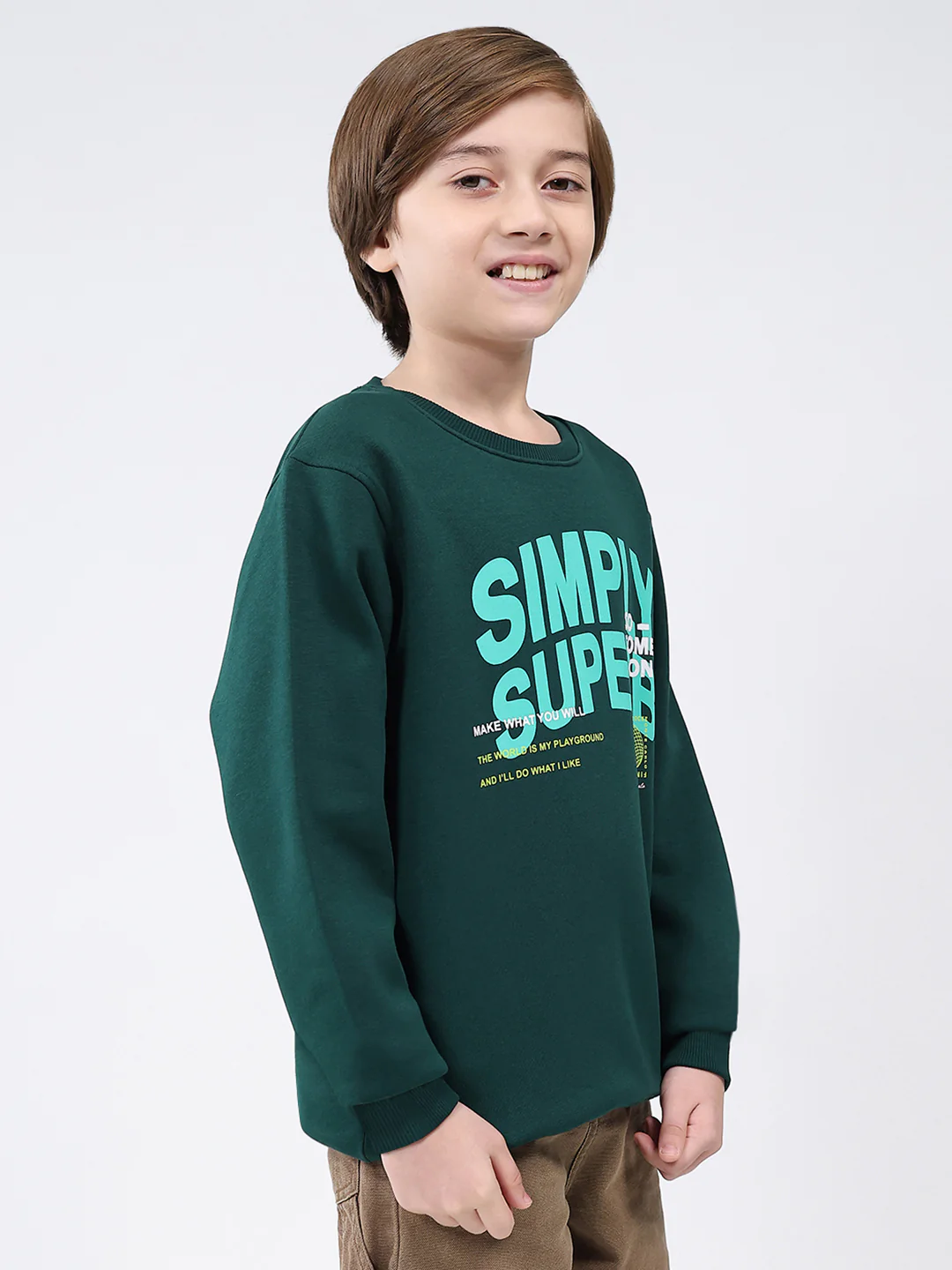 Boys Dark Green Printed Round Neck Full Sleeve Sweatshirt - Image 4