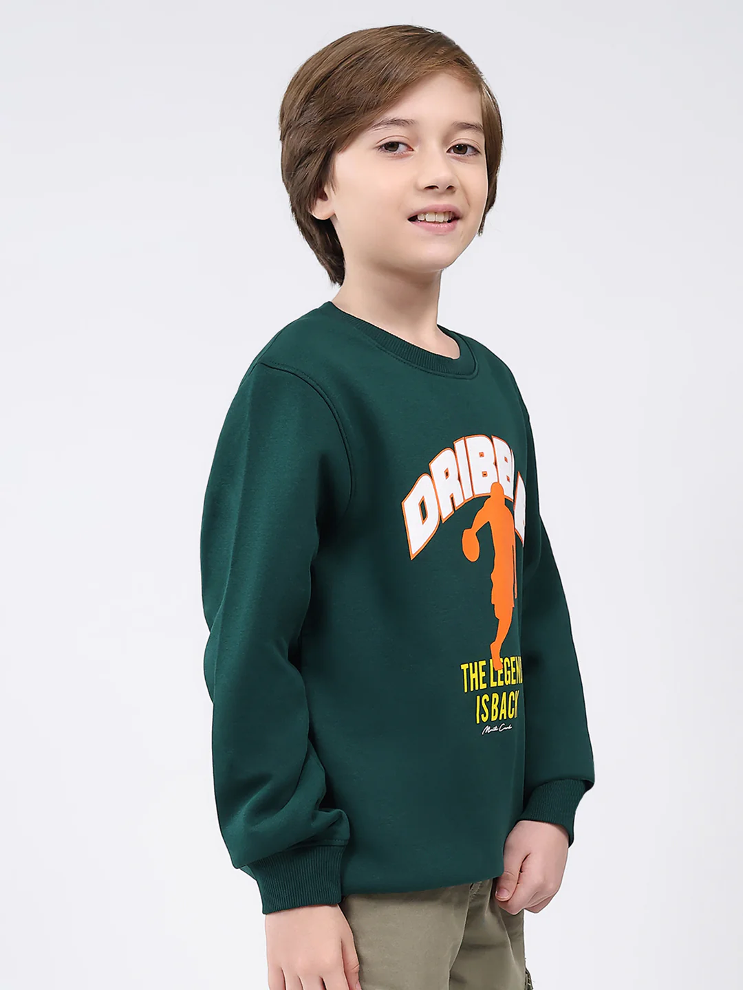 Boys Dark Green Printed Round Neck Full Sleeve Sweatshirt - Image 4