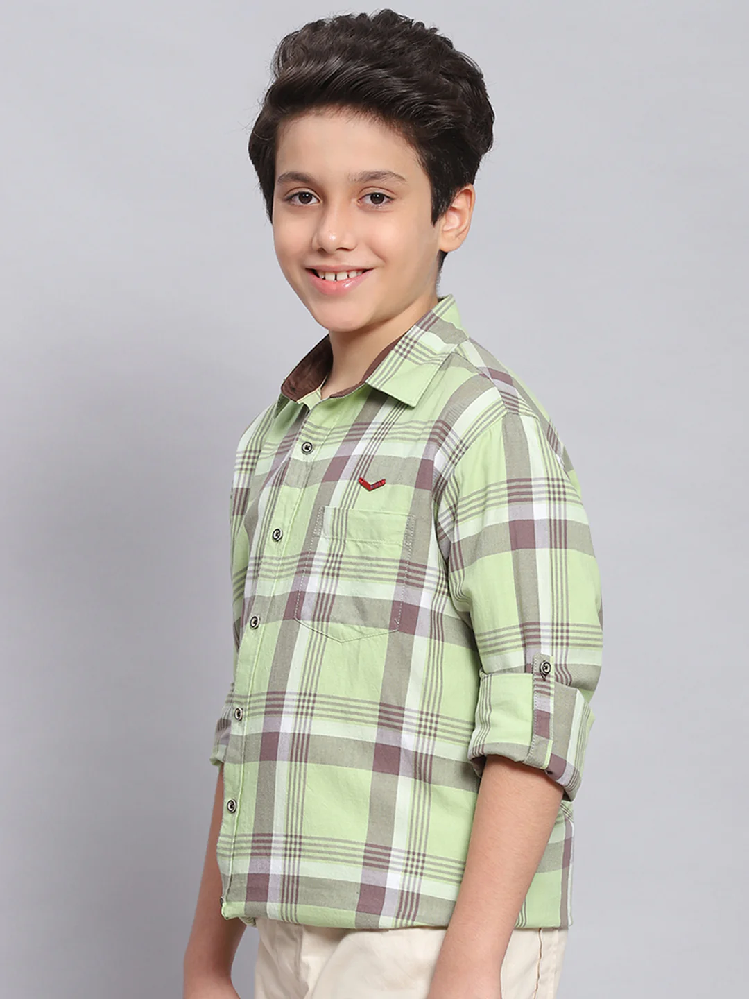 Boys Green Check Spread Collar Full Sleeve Shirts - Image 3
