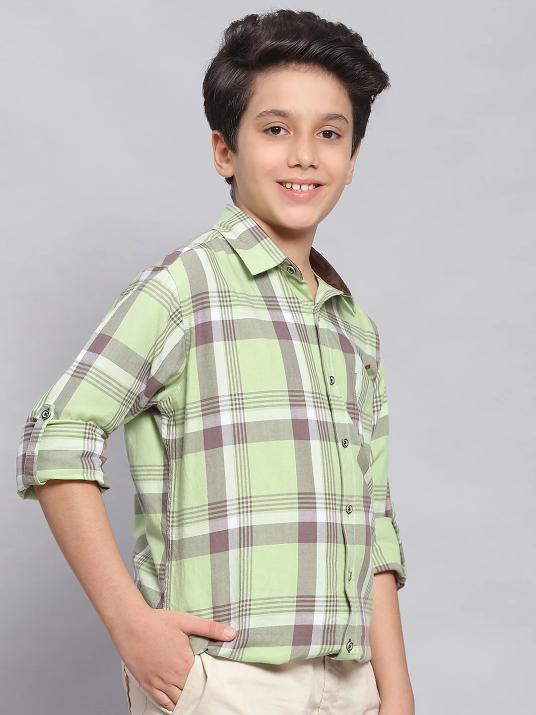 Boys Green Check Spread Collar Full Sleeve Shirts - Image 4