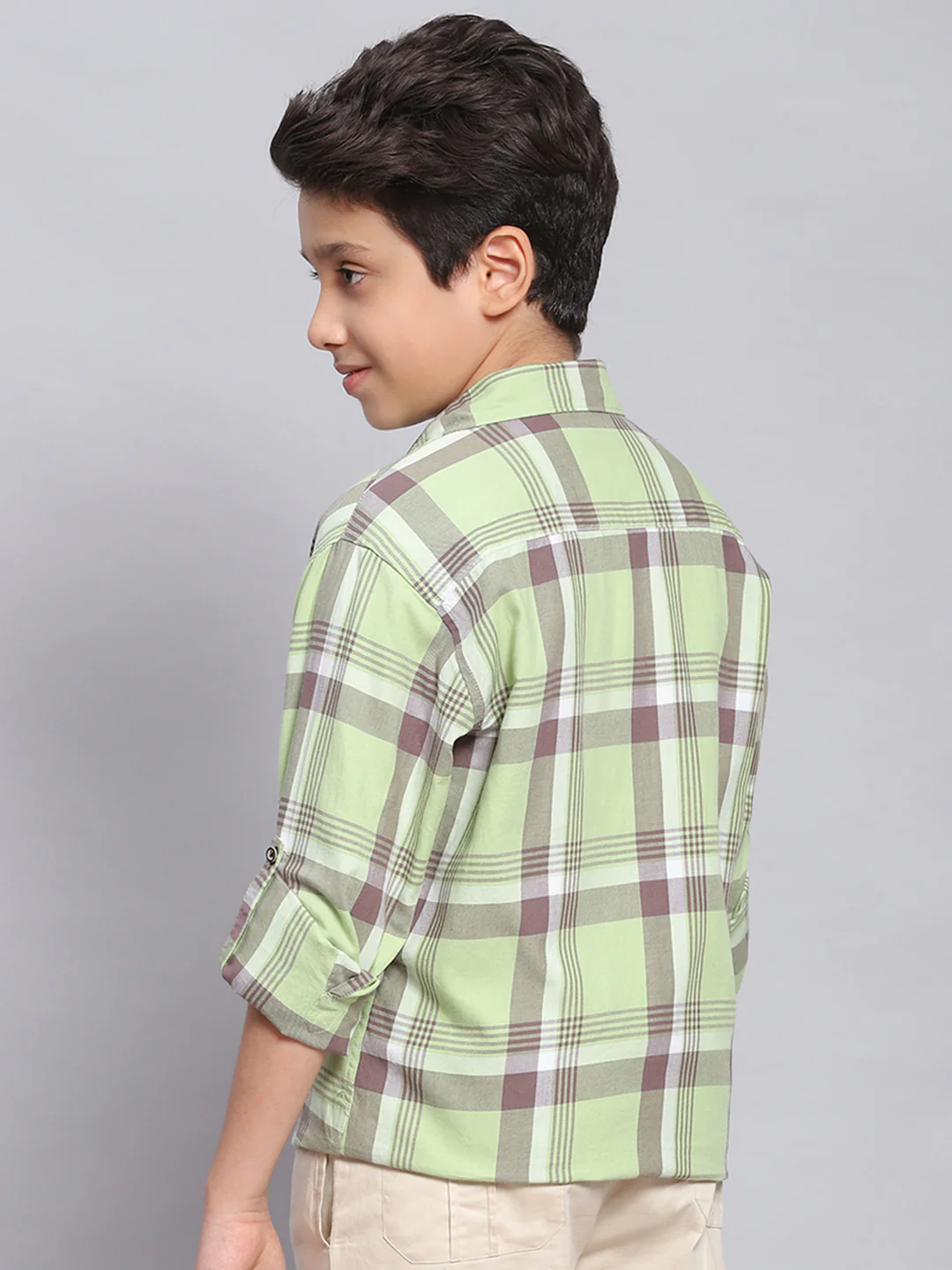 Boys Green Check Spread Collar Full Sleeve Shirts - Image 5