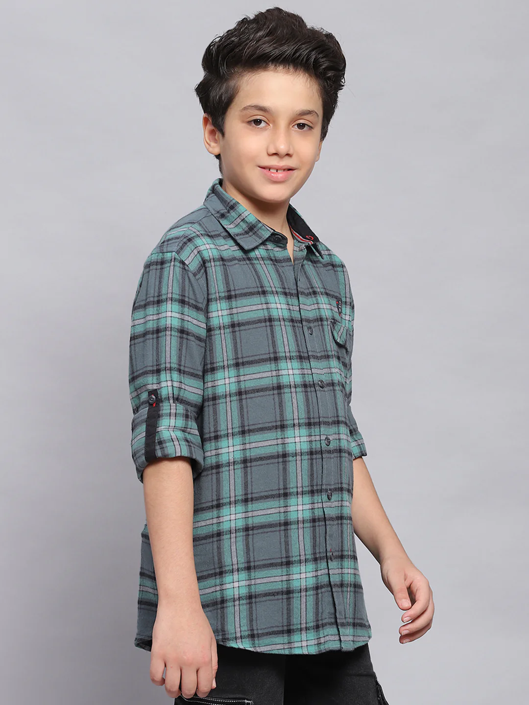 Boys Green Check Spread Collar Full Sleeve Shirts - Image 4