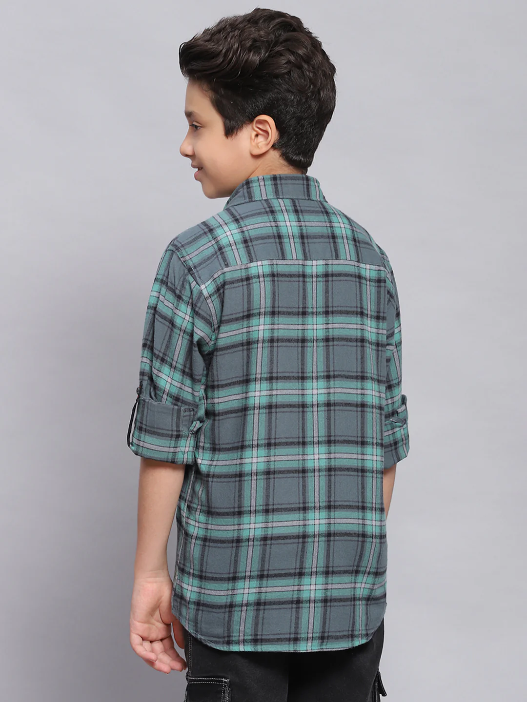 Boys Green Check Spread Collar Full Sleeve Shirts - Image 5