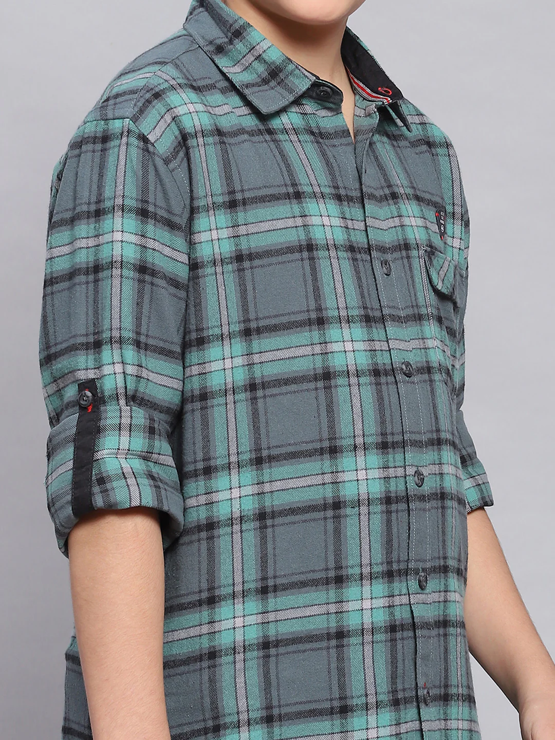 Boys Green Check Spread Collar Full Sleeve Shirts - Image 6