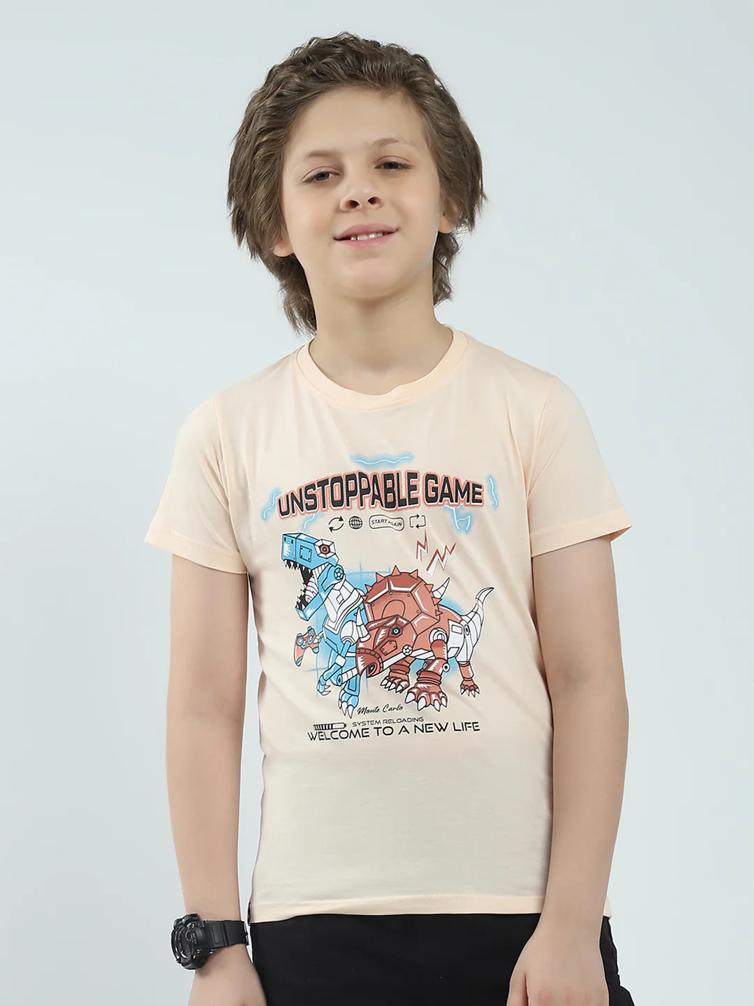 Boys Green & Peach Printed Round Neck Half Sleeve T-Shirt (Pack of 2) - Image 3